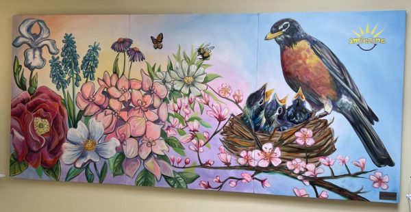 Spring Mural with spring flowers and nest of baby and mama Robins