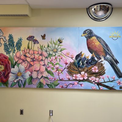 Spring Bouquet Mural with baby Robins in nest with Mama Robin