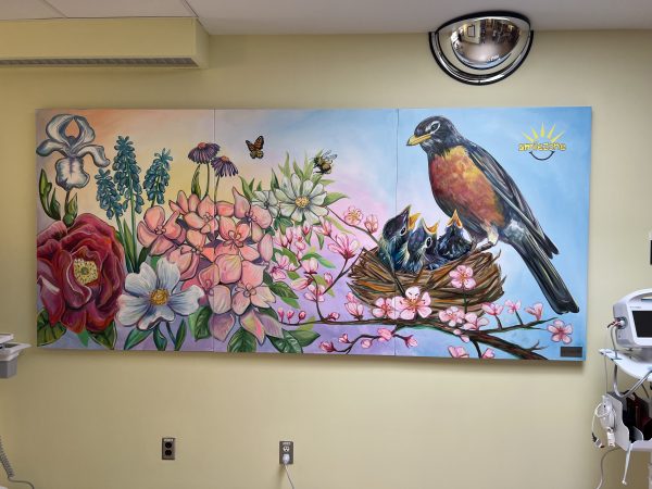 Spring Bouquet Mural with baby Robins in nest with Mama Robin