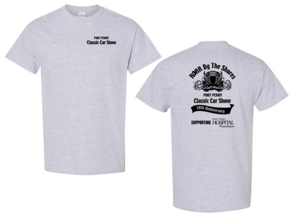 Commemorative grey T-shirts with Port Perry Classic Car Show on the Front and the Roar by The Shores 10th Anniversary logo on the back 