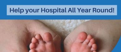 Become a Monthly Donor Help your hospital all year round - holding baby feet with hands in shape of a heart